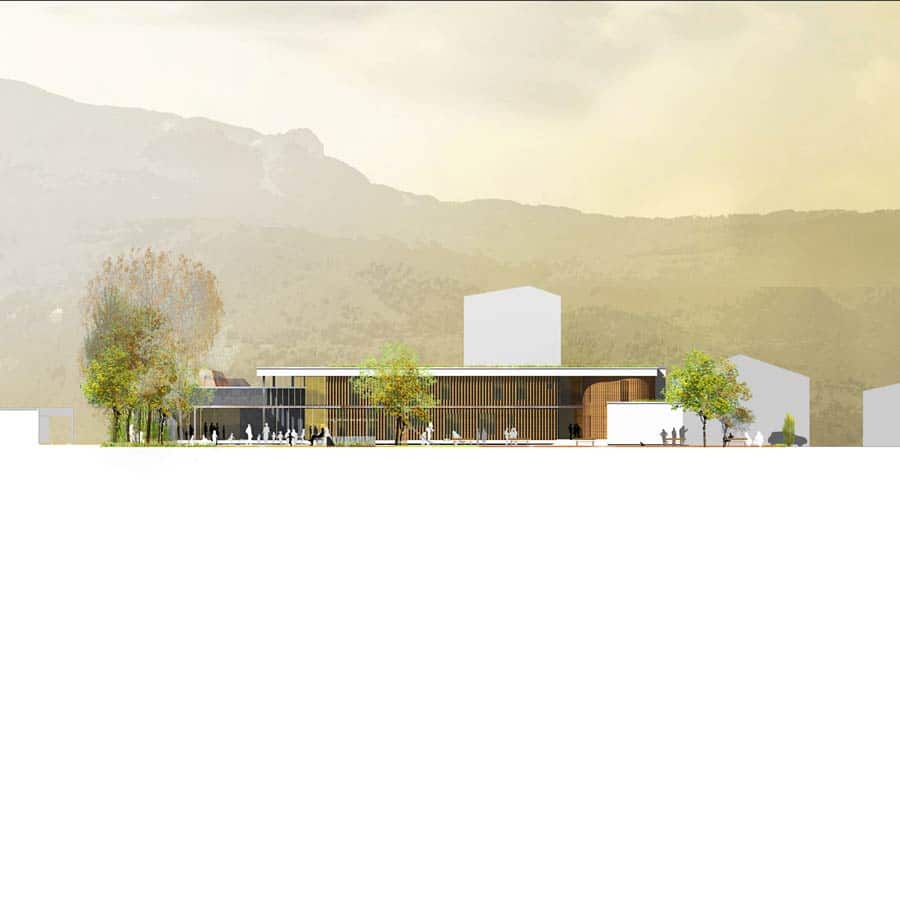 Architecture, CHAPUIS ROYER, Isère, Seyssinet-Pariset, ERP, maison des initiatives et du développement social, béton, pierre, bois, métal, salle polyvalente, parc