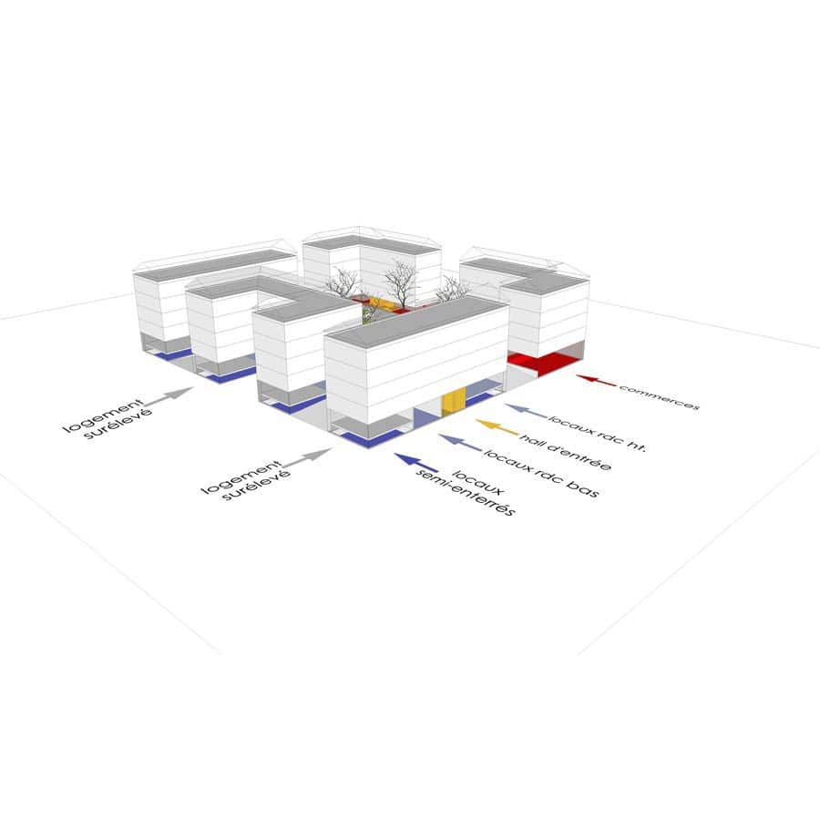 architecte, CHAPUIS ROYER, Grenoble, quartier de l’Abbaye, étude urbaine, logements locatifs, réhabilitation, reconstruction, machefer, enduit à la chaux
